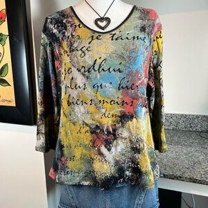 Y2K Colorful Script Artsy Bedazzled 3/4 Sleeve Medium Shirt